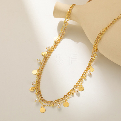 Brass with Round Plastic Pearl Coin Tassel Double Layer Waist Belly Chains for Women FS-WGFA592-01-1