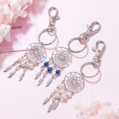 PandaHall Elite Woven Net/Web with Feather Alloy Keychain KEYC-PH0001-19-1