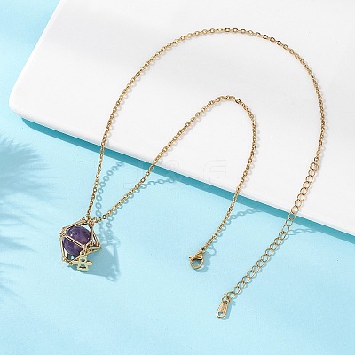 Brass Macrame Pouch Natural Amethyst Inside & 304 Stainless Steel Pendant Necklaces for Women NJEW-JN05607-03-1