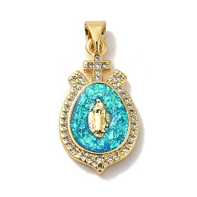 Rack Plating Brass Micro Pave Cubic Zirconia with Synthetic Opal Pendants KK-D088-17G-1