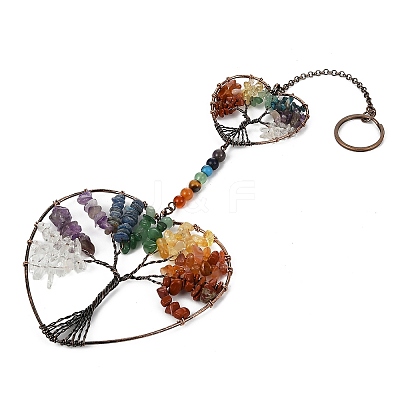 7 Chakra Heart Tree of Life Brass & Natural & Synthetic Gemstone Beads Hanging Ornament G-H359-01R-01-1