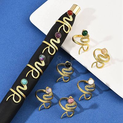 316 Stainless Steel with Natural Mixed Gemstone Cuff Rings RJEW-Z098-01G-07-1