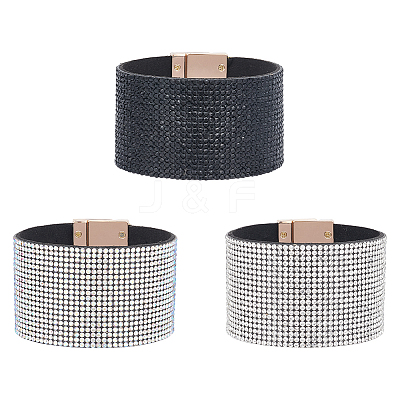 3Pcs 3 Colors Rhinestone Wide Cord Bracelets Set with Velvet Inside BJEW-AN0001-73-1