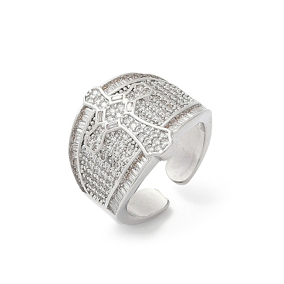 Brass Micro Pave Clear Cubic Zirconia Open Cuff Rings for Women RJEW-A059-04P-1
