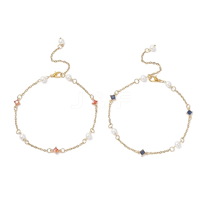 2Pcs 2 Colors Glass Rhombus & Round Glass Pearl Beads 304 Stainless Steel Link Chain Anklets for Women AJEW-AN00724-1