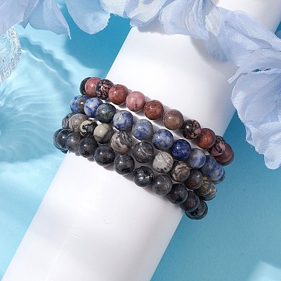 4Pcs Constellation 8mm Round Natural Larvikite & Blue Spot Jasper & Rhodonite & Picasso Jasper Beaded Stretch Bracelets for Women BJEW-JB10639-1