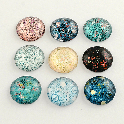 Flatback Half Round/Dome Flower and Plants Pattern Glass Cabochons X-GGLA-R026-12mm-15-1