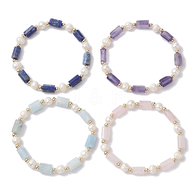 Column Natural Mixed Gemstone & Pearl Beaded Stretch Bracelet BJEW-JB10068-1