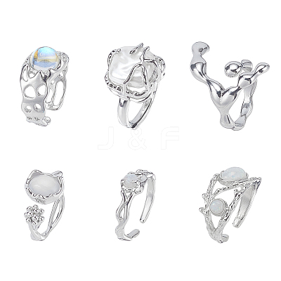 6Pcs 6 Styles Synthetic Moonstone & Cat Eye Open Cuff Rings Set RJEW-AN0001-09-1