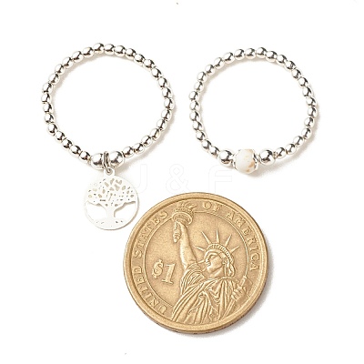 2Pcs 2 Style Natural Magnesite & Synthetic Hematite Beaded Rings with Brass Tree of Life Charms RJEW-JR00474-02-1