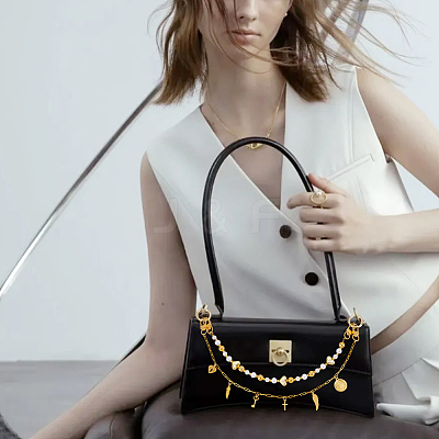 1Pc Acrylic Round Beaded & Brass Feather Cross Tassel Bag Decorative Chains and 1Pc Alloy Brooch HJEW-GA00055-1