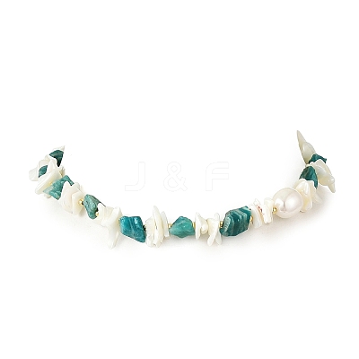 Raw Natural Amazonite & Shell Chip Beaded Necklaces with Oval Shell Pearl for Women NJEW-JN06587-1