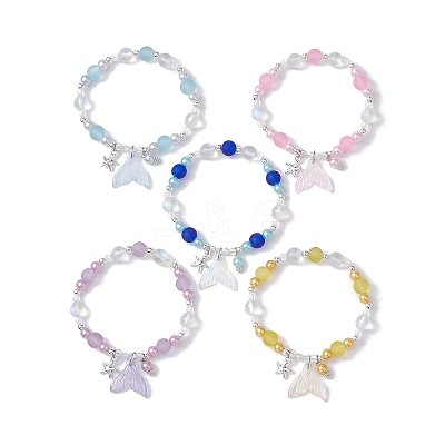 5Pcs 5 Color Glass & ABS Plastic Imitation Pearl Beaded Stretch Bracelets Set BJEW-JB09747-S-1