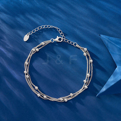 Rhodium Plated 925 Sterling Silver Satellite Chains Triple-Layer Multi-strand Bracelet STER-M116-08P-1