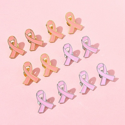 12Pcs 2 Styles Breast Cancer Awareness Pink Ribbon Enamel Pin JEWB-FS0001-08-1