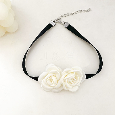 Double 3D Rose Polyester Band Choker Necklaces with Alloy End Chains FS-WG50A3E-02-1