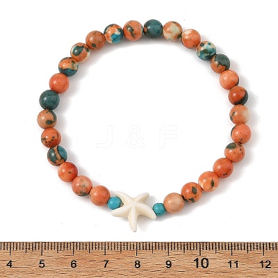 2Pcs 2 Colors Summer Beach Round Synthetic Ocean White Jade & Starfish Dyed Turquoise Beaded Stretch Bracelet Sets BJEW-JB14185-1