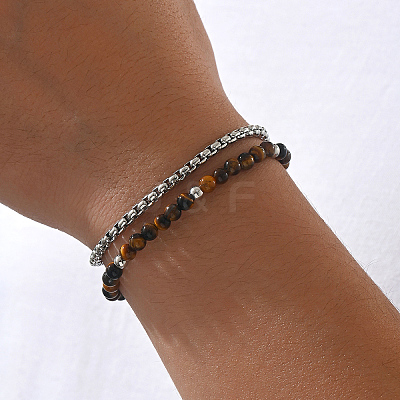 Natural Tiger Eye Round Beaded 2-Strand Bracelets with 201 Stainless Steel Box Chains for Men Women EI8345-1-1