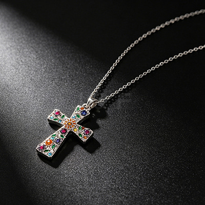 Alloy Rhinestone Enamel Floral Cross Pendant Necklaces for Women WGDC600-01-1