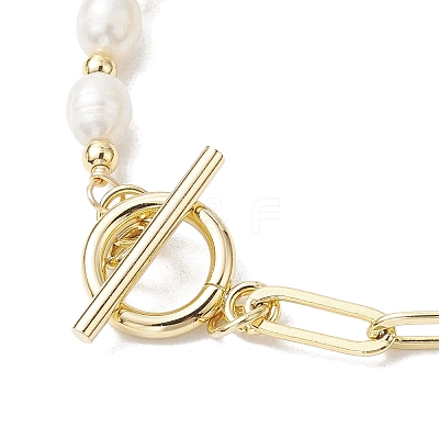 Natural Cultured Freshwater Pearl Beads Paperclip Chains Heart Charm Bracelets with Toggle Clasps for Women BJEW-JB10193-1
