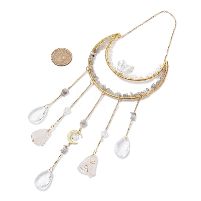 Nuggets Natural Quartz Crystal & Labradorite Chip & Brass Moon Hanging Ornaments HJEW-JM02566-1