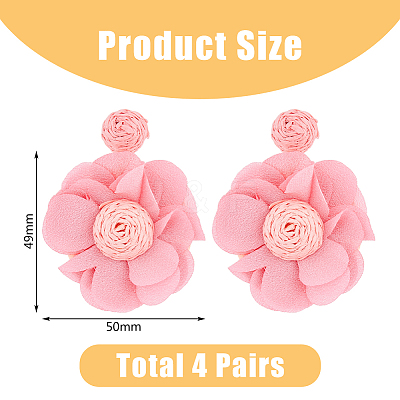 4 Pairs 4 Colors Bohemian Style Raffia Flower Dangle Stud Earrings with Iron Pins EJEW-FI0002-26-1