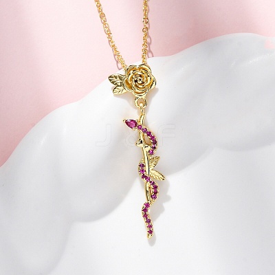 Brass Micro Pave Camellia Cubic Zirconia Flower Snake Pendant Necklaces NJEW-S438-02D-G-1