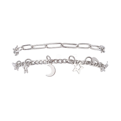 304 Stainless Steel Paperclip & Figaro Chain Bracelets for Women BJEW-JB12445-02-1