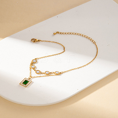 304 Stainless Steel Pave Green Cubic Zirconia and Plastic Pearl Charm Anklets FS-WG19F70-03-1