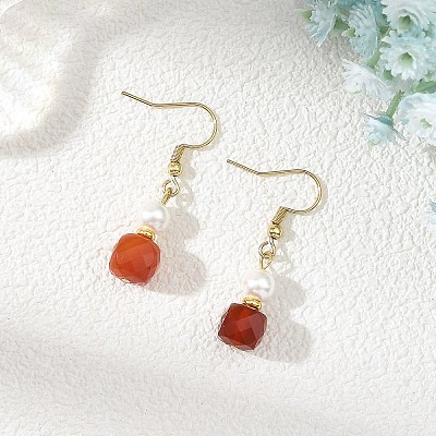 Natural Carnelian with Round Shell Pearl Beads Cube Dangle Earrings EJEW-JE07522-1