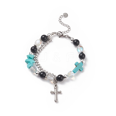 Natural & Synthetic Mixed Stone Beaded Bracelet with Cross Charm BJEW-TA00184-03-1