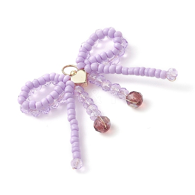 Glass Seed Beaded Bowknot with Heart Pendants PALLOY-MZ01162-03-1
