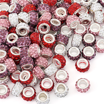 100Pcs 4 Colors Polymer Clay Rhinestone European Large Hole Beads with Silver Color Plated Brass Cores FPDL-TA0001-02-1