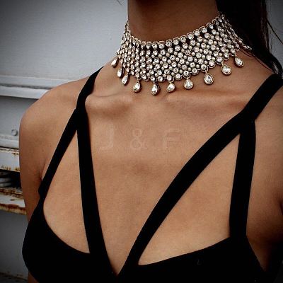 Alloy Full Crystal Rhinestone Teardrop Tassel Choker Necklaces for Women FS-WGE797D-01-1