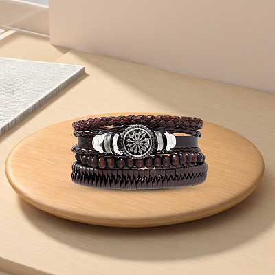 1Pc Cowhide & Imitation Leather Cord Knitted Multi-strand Bracelets AJEW-GF0011-50B-1
