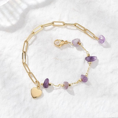 Natural Amethyst Chip Bead & Brass Paperclip Chains Bracelets BJEW-JB12715-01-1