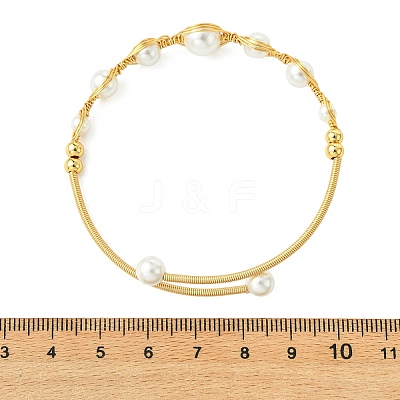 Herringbone Wire-Wrapped Shell Pearl Brass Cuff Bangles BJEW-JB14036-1