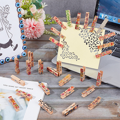 10Pcs 10 Styles Flower Printed Wooden Craft Pegs Clips AJEW-WH0248-505-1