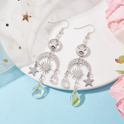 Moon & Star & Teardrop Brass & 304 Stainless Steel Chandelier Earrings EJEW-TA00397-1