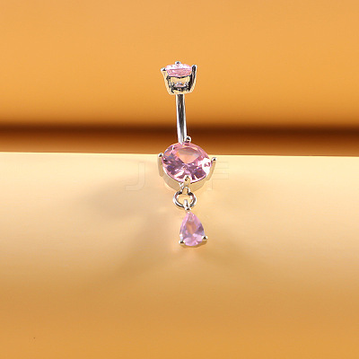 316L Surgical Stainless Steel Pearl Pink Cubic Zirconia Flat Round Curved Barbell Dangle Belly Rings WG4CABC-06-1