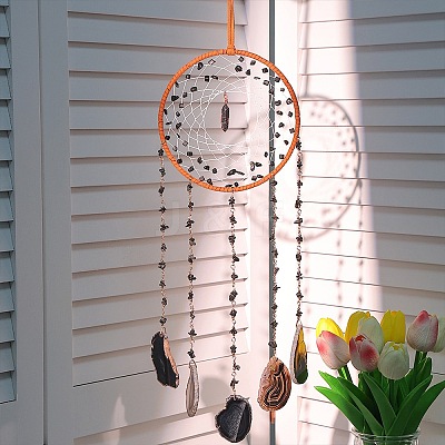 Iron & Natural Black Agate Woven Net Hanging Suncatchers HJEW-F027-09-1