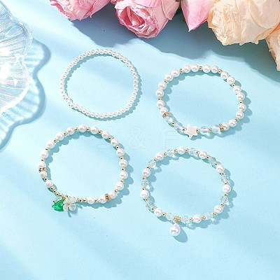 4Pcs 4 Styles Shell Pearl Round Beads Stretch Bracelets BJEW-JB12098-1