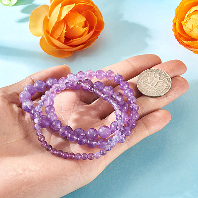 3Pcs Natural Amethyst Beads Stretch Bracelets for Women BJEW-TAC0033-1