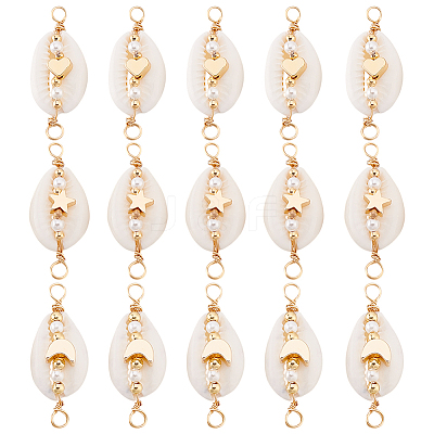15Pcs 3 Styles Natural Cowrie Shell & Shell Pearl Links PALLOY-GO00045-1
