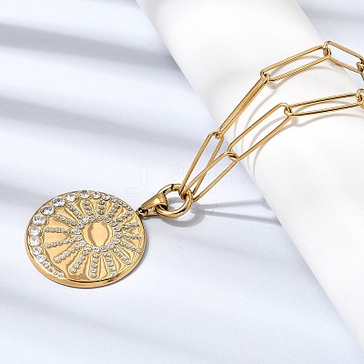 304 Stainless Steel Crystal Rhinestone Sun Pendant Paperclip Chain Necklaces for Women NJEW-G199-03G-1