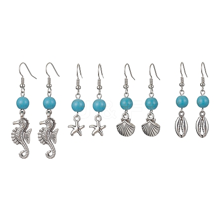 4 Pairs 4 Styles Synthetic Turquoise Beaded Dangle Earrings EJEW-JE05496-S-1