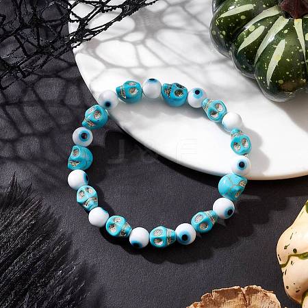 Halloween Dyed Synthetic Turquoise Skull & Lampwork Evil Eye Round Beaded Stretch Bracelets for Women Men BJEW-JB12268-02-1