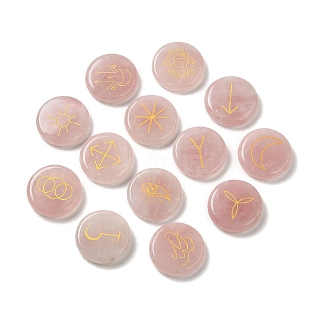 13Pcs Flat Round Natural Rose Quartz Rune Stones G-K335-08E-1