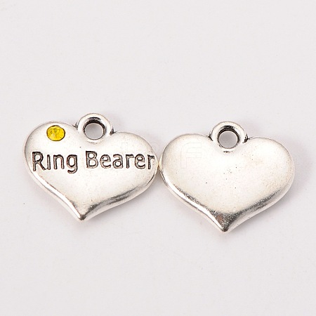 Wedding Theme Antique Silver Tone Tibetan Style Heart with Ring Bearer Rhinestone Charms X-TIBEP-N005-15E-1