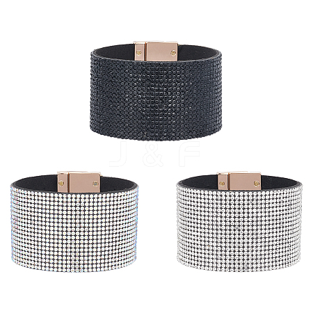 3Pcs 3 Colors Rhinestone Wide Cord Bracelets Set with Velvet Inside BJEW-AN0001-73-1